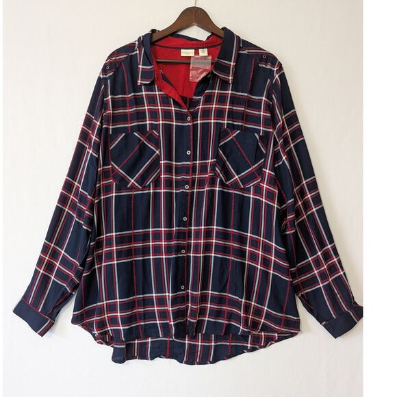 Westbound Woman Navy Red Plaid Button Up Shirt Size 2X Long Sleeves Office New - Picture 1 of 8
